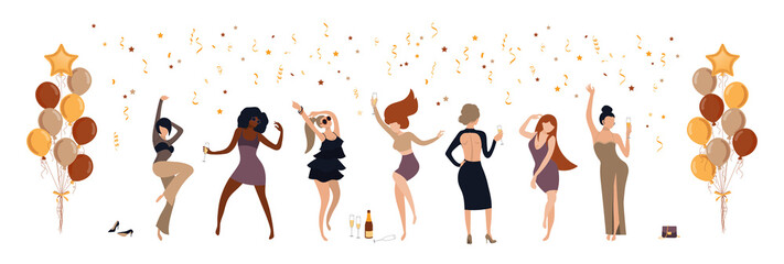 Girls in evening dresses dance and drink champagne. Happy women. Hen night, bachelorette party, birthday or new year party. Colorful vector illustration in flat style isolated on white background. - obrazy, fototapety, plakaty