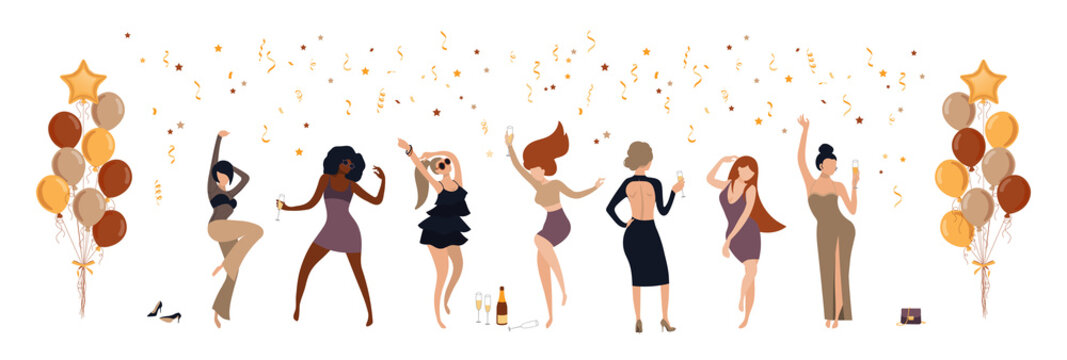 Girls in evening dresses dance and drink champagne. Happy women. Hen night, bachelorette party, birthday or new year party. Colorful vector illustration in flat style isolated on white background.