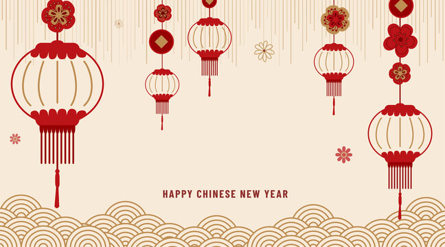 Chinese new year 2022 vector background. Greeting banner with zodiac symbol, lantern, cloud, flowers, texture effect. Pattern in simple flat line style