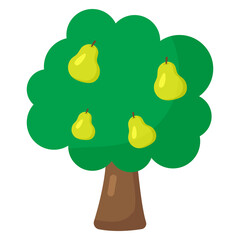 Tree with pears, vector illustration in cartoon flat style. Natural harvest icon, gardening and farming concept. Simple colorful symbol organic orchard. Print for children books, shops, decoration. 