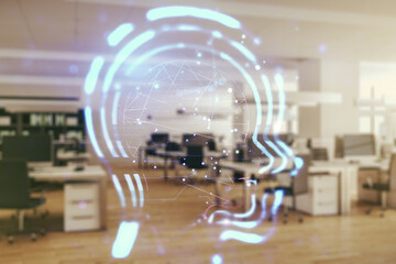 Double exposure of creative artificial Intelligence hologram on modern corporate office background. Neural networks and machine learning concept