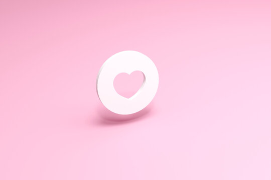 Heart icon. White  symbol on pink  background. 3d render illustration Valentine concept