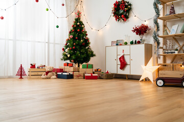 festive designs for Christmas and new year in an empty children’s play room with wood flooring...