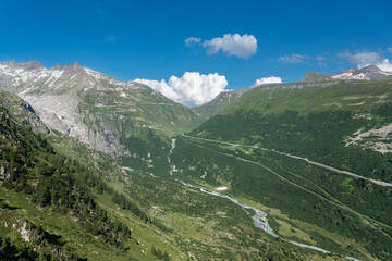 Fototapeta na wymiar Valais Rhone Valley with Furka Road near Oberwald