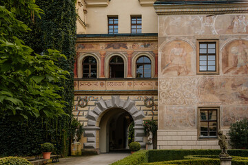 Fototapeta na wymiar Castolovice, Eastern Bohemia, Czech Republic, 11 September 2021: renaissance castle with tower at sunny day, courtyard with arcades and geometric flower beds, murals and sgraffito plaster on walls