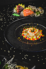 Perfect Sushi Japanese Asian Seafood Food Dish Drink Cocktail Menu Gourmet Restaurant Chef on Dark Background