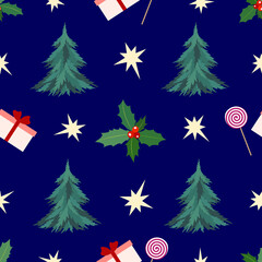 Obraz premium Festive new year seamless pattern with print of spruce, holly, stars, gift box, lollipops.