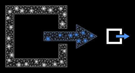 Obraz premium Glossy polygonal mesh net log out icon with glow effect on a black background. Constellation log out iconic vector with illuminated points in magic colors.