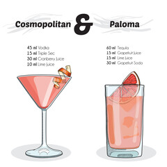 Hand Drawn Colorful Cosmopolitan and Paloma Summer Cocktail Drink Ingredients Recipe - obrazy, fototapety, plakaty