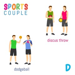 Sports Couple  alphabet in vector with D letter. illustration cartoon sports. Alphabet design in a colorful style.