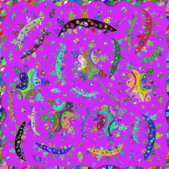 Fototapeta na wymiar Seamless pattern with interesting doodles on colorfil background. Raster illustration.