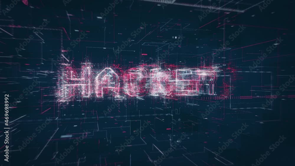 Poster Hacker title key word build up animation on a binary code digital network background