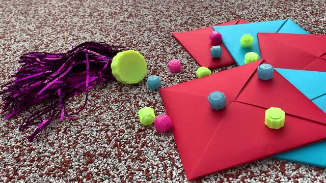 Korean traditional outdoor game tools on the playground. Gonggi, Ttakji and Jegi. 
