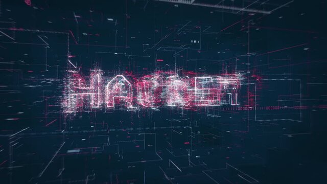 Hacker title key word build up animation on a binary code digital network background
