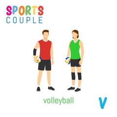 Fototapeta na wymiar Sports Couple alphabet in vector with V letter. illustration cartoon sports. Alphabet design in a colorful style.