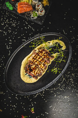 Perfect Sushi Japanese Asian Seafood Food Dish Drink Cocktail Menu Gourmet Restaurant Chef on Dark Background