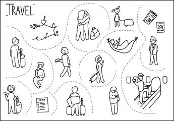 Vector collection of people and objects relating to travel. Outline doodle elements for web, icons, graphic design.  