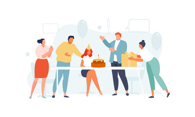 Office friends colleagues congratulate the employee happy birthday