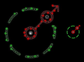 Glossy polygonal mesh net radial escape border icon with glare effect on a black background. Constellation radial escape border iconic vector with illuminated points in bright colors.
