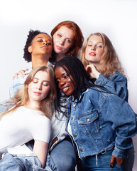diverse multi nation girls group, teenage friends company cheerful having fun, happy smiling, cute posing isolated on white background, lifestyle people concept, african-american and caucasian