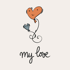 St.Valentine's day vector illustration in boho colours. Hand drawn elements with hearts and lettering. For posters, cards, invitations.