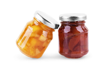 front view of set of small jam and vegetable jars in different colors without labels and shiny metallic lid covers isolated on white background