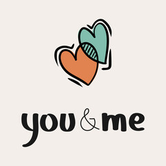 St.Valentine's day vector illustration in boho colours. Hand drawn elements with hearts and lettering. For posters, cards, invitations.