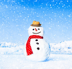 Real snowman outdoors in white scenery. - obrazy, fototapety, plakaty
