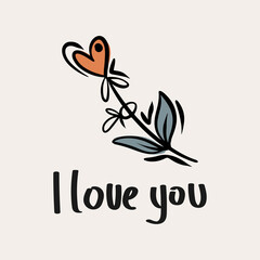 St.Valentine's day vector illustration in boho colours. Hand drawn elements with hearts and lettering. For posters, cards, invitations.