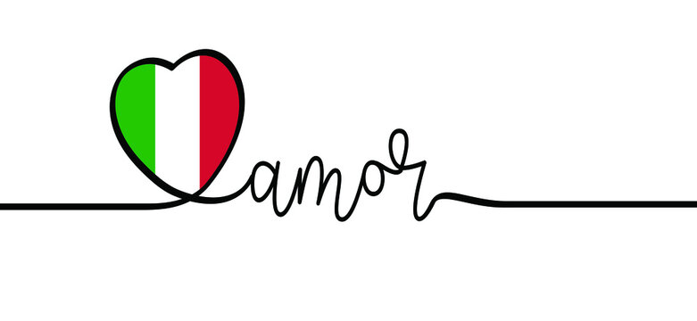 Slogan amor with flaf of Italia, Italy word meaning love, with heart symbol. Vector line pattern. background. Happy vacation or holliday icon. I love Italy.
