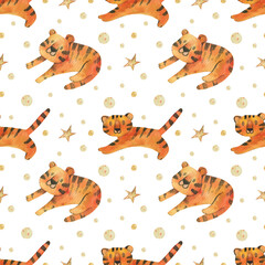 Tiger watercolor illustration hand drawn seamless pattern