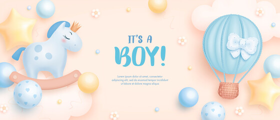 Baby shower horizontal banner with cartoon horse, hot air balloon, helium balloons and flowers on beige background. It's a boy. Vector illustration