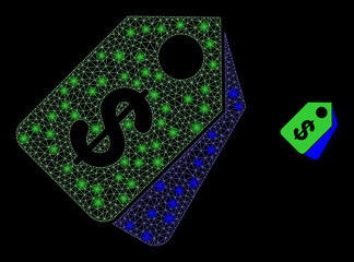 Glossy polygonal mesh net dollar tags icon with glitter effect on a black background. Network dollar tags iconic vector with glowing dots in magic colors.