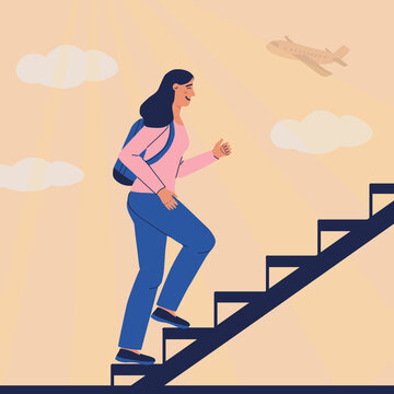 Girl in blue jeans and backpack climbs up the ladder. Background with clouds and airplane. Woman goes on a journey. Smile, hope for a happy future, metaphor illustration. Vector cartoon character