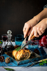 Roasted Christmas ham with pomegranate and lentils food photography