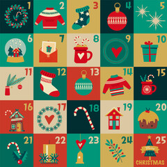 Advent calendar with christmas elements. Vector illustration in flat style.