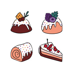 Hand drawn cakes set. Sweet dessert with sprinkles and berries isolated on white background. Vector illustration.