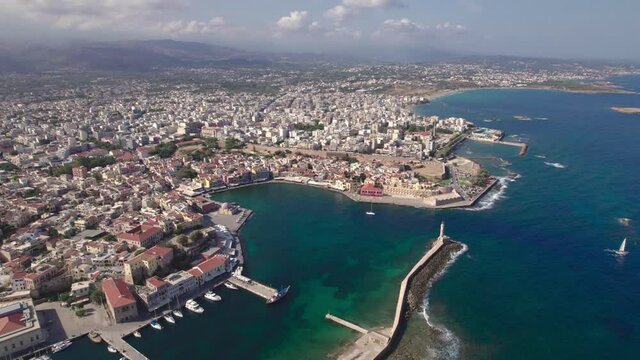 Aerial view. The historical part of the city of Chania on the island of Crete. A charming coastal town on the Mediterranean.
