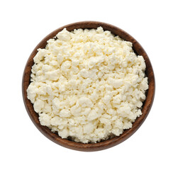 Delicious fresh cottage cheese in bowl isolated on white, top view