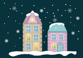 Obraz na płótnie Canvas City houses are decorated for Christmas. Christmas trees in the windows. Snow and beautiful snowflakes on the background. Vector illustration in flat style is used for postcard, poster, cover, print.