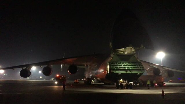 The Antonov An-225 Mrija plane - the world's largest plane - at the airport in Jasionka in Poland.