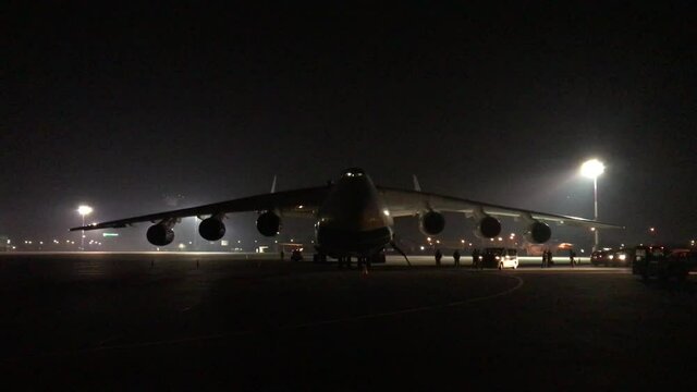 The Antonov An-225 Mrija plane - the world's largest plane - at the airport in Jasionka in Poland.
