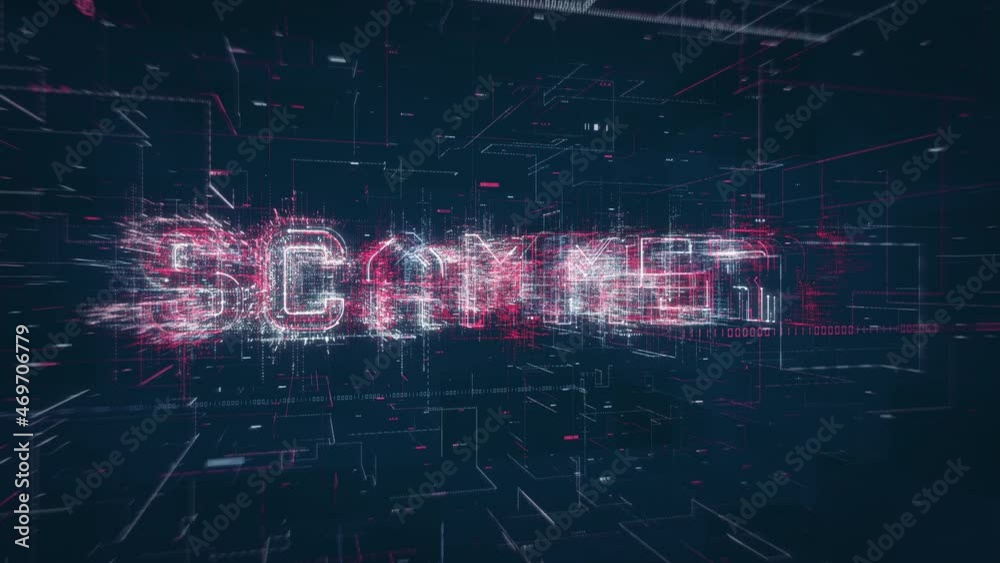 Poster Scammer title key word build up animation on a binary code digital network background