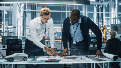 Two Automotive Engineers Working in Office at Car Factory. Industrial Designer Shows Conceptual Electric Engine Parts to Colleague, Discussing Different Applications in Technological Laboratory.