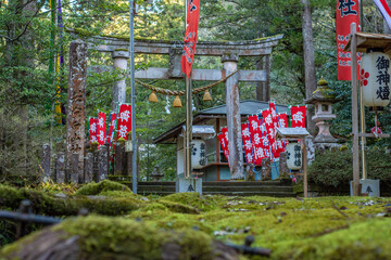Fototapeta na wymiar red and white flags on a shrine