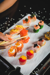 Perfect Sushi Japanese Asian Seafood Food Dish Drink Cocktail Dessert Menu Gourmet Restaurant Chef on Dark Background