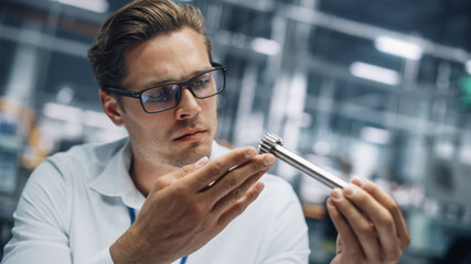 Close Up Portrait of Young Handsome Engineer in Glasses Working on Manufacturing Metal Parts in...