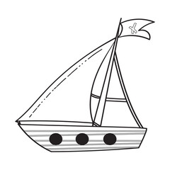 Cartoon Pirate Ship with Sail for Coloring Vector Illustration, Black and White