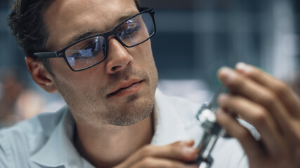 Close Up Portrait of Young Handsome Engineer in Glasses Working on Manufacturing Metal Parts in...