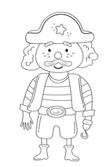 Pirate Captain Hook. Vector Cartoon Coloring illustration, Pirate Party for children
